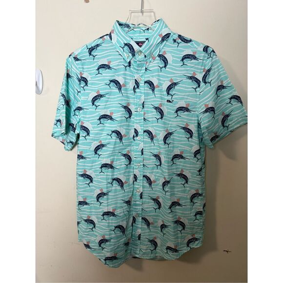 Vineyard Vines Marlin Print Slim Fit Whale Button-Down Shirt Short Sleeve Small - Picture 1 of 5